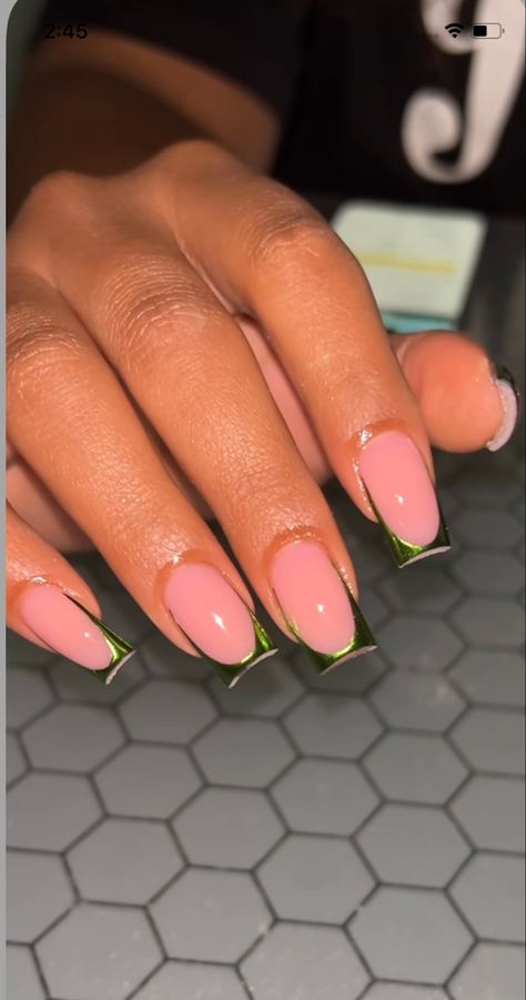 Green French Tip With Design, Square French Tip Acrylic Nails Design Short, Green And White French Tip Nails, Green French Tip Nails, Green French Tips, Green French Tip, Nail Designs Ideas, Green French, Colored Acrylic Nails