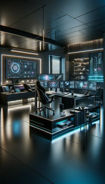 Futuristic Desk Setup, Tech Home Office, Minimalist Office Decor, Digital Whiteboard, Dark Modern House, Modern Industrial Office, High Tech Interior, Industrial Style Office, Productive Home Office