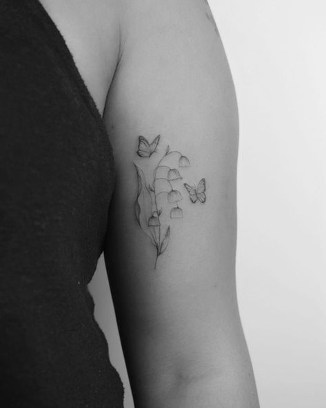 Butterfly Lily Of The Valley Tattoo, Lily Of The Valley And Butterfly Tattoo, Lily Of The Valley Butterfly Tattoo, Lily And Butterfly Tattoo, Spirituality Journal, Lily Of The Valley Tattoo, Lily Tattoos, Valley Tattoo, Butterfly With Flowers Tattoo