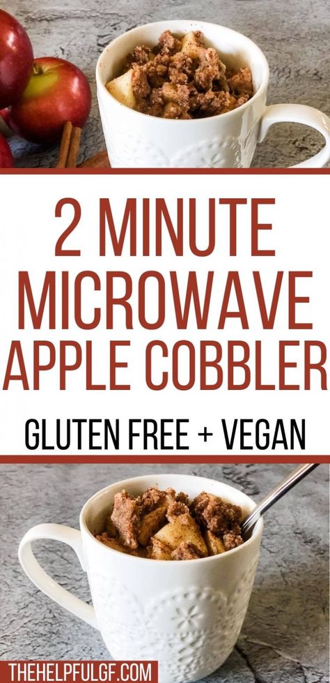 Pin now for this gluten free, dairy-free, and vegan apple crumble in a mug recipe. This microwave apple cobbler for one with hints of cinnamon is a quick and easy single serve dessert. This recipe is suitable for Arbonne's 30 Days to healthy living challenge and is an E on the Trim Healthy Mama plan. | gluten free | vegan | grain free | dairy free | Vegan Apple Cobbler, Cobbler In A Mug, Gluten Free Apple Cobbler, Microwave Apple, Mug Dessert, Apple Recipes Easy Healthy, Gluten Free Apple Recipes, Gluten Free Apple Crumble, Microwave Apples