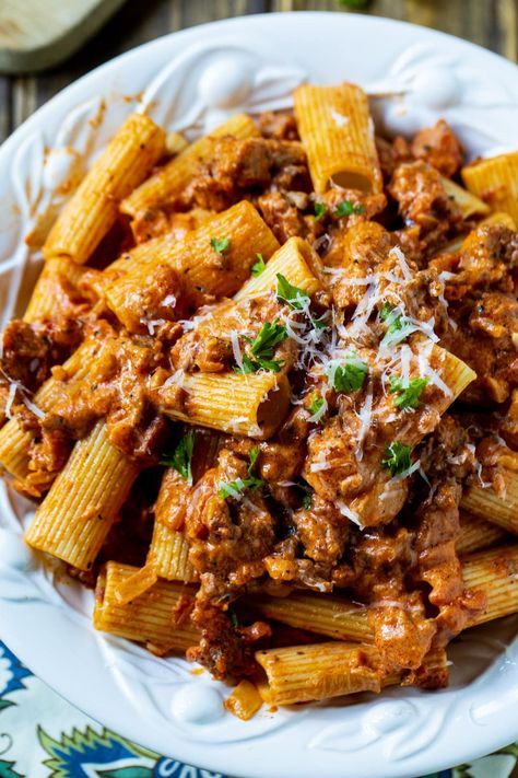 Italian Sausage Rigatoni with Spicy Cream Sauce Italian Sausage Pasta Recipes, Italian Sausage Rigatoni, Nduja Recipe, Kielbasa Sausage Recipes, Spicy Cream Sauce, Italian Sausage Recipes Pasta, Red Sauce Pasta Recipe, Spicy Sausage Pasta, Sausage Rigatoni