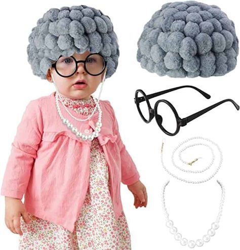 25 Easy Halloween Costumes for Babies » Lady Decluttered Kids Old Lady Costume, Old Lady Halloween Costume, Granny Costume, Granny Wig, Lady Decluttered, Old Lady Costume, Eyeglasses Chain, Old Granny, Clever Halloween Costumes