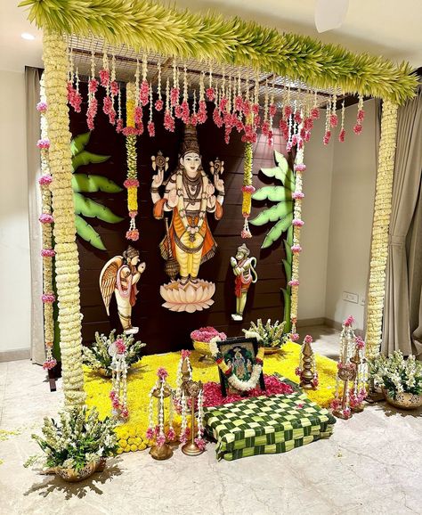 Satyanarayana Swamy Pooja Decoration, Poonal Decoration, Satya Narayana Pooja Decoration, Satyanarayan Pooja Decoration, Sathyanarayana Pooja Decoration At Home, Pooja Backdrops, Satyanarayana Pooja Decoration Ideas, Pooja Decoration Ideas At Home, Traditional Indian Decor