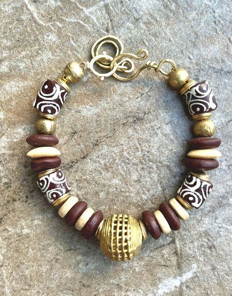 Tribal Boho Bracelet Ghanaian Recycled Glass African Tribal Lost Wax Brass African Glass Beads, Ghanaian Beads Bracelets, African Bead Jewelry, Terracotta Diy, African Beaded Jewelry, African Trade Bead Jewelry, African Beaded Bracelets, African Bracelet, Bohemian Chic Jewelry