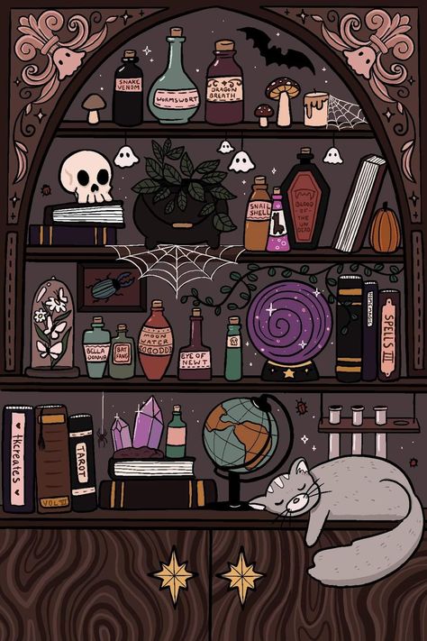 Cute Witchy Aesthetic, Spell Book Wallpaper, Witches Shelf Drawing, Book Shelf Wallpaper, Witchy Shelf Drawing, Spell Book Drawing, Witch Bookshelf Drawing, Shelf Drawing, Witchy Art Aesthetic