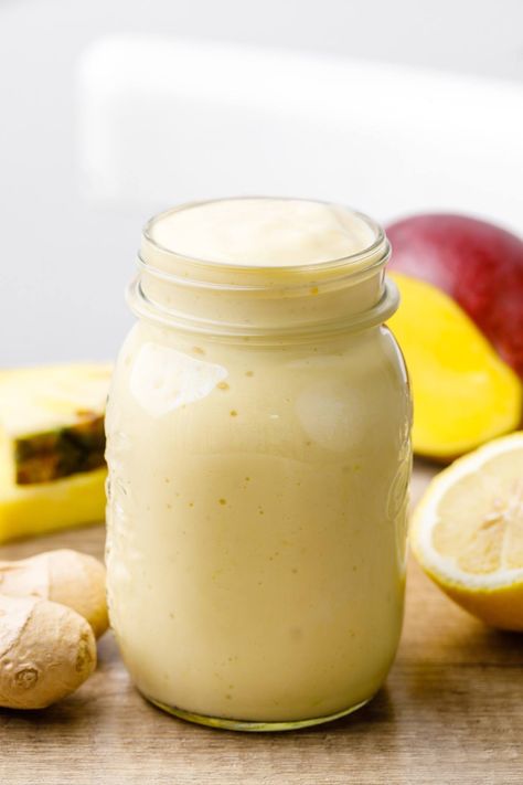 Creamy Lemon Ginger Morning Smoothie for Good Gut Health - Healthy Substitute Morning Digestive Drink, Ginger Drinks Healthy, Whole 30 Smoothie Recipes, Healthy Gut Smoothie Recipes, Gut Healthy Desserts, Savory Smoothies, Gut Healing Smoothie, Immunity Smoothie, Healthy Morning Smoothies