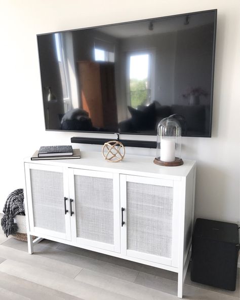 My Halfway There Living Space Reveal | Cashmere & Jeans White Tv Console Living Room, White Tv Stand Living Room, Candle Cloche, Build A Tv Stand, Rug Coffee Table, Cable Knit Pillow, White Tv Cabinet, Retro Tv Stand, Lamp Mirror