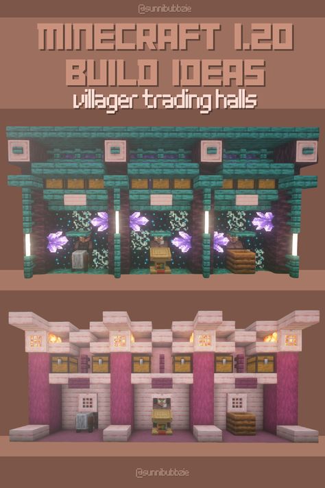 Trading Villager Minecraft, Minecraft Village Trading Hall Ideas, Cute Villager Trading Hall, Minecraft Letters Build, Minecraft Essential Builds, Villager Trading Room Minecraft, Villager Trading Hall Minecraft Design Interior, Minecraft Villagers House Ideas, Minecraft Chest Organization List