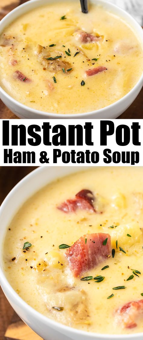 A bowl of soup with chunks of potato and ham, text that says "Instant Pot Ham & Potato Soup" Ham Potato Soup, Ham Potatoes, Instant Pot Ham, Ham Chowder, Ham Soup Recipes, Ham And Potato Soup, Cozy Soup, Ham Potato, Potato Soup Easy