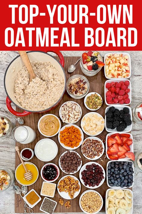 This Top-Your-Own Oatmeal Board takes wholesome oatmeal and adds an array of delicious toppings for a creative, customized breakfast everyone will love. Quick Oatmeal Breakfast Recipes, Oatmeal Toppings Bar Ideas, Oatmeal Bar For Brunch, Oatmeal Charcuterie Board, Oatmeal With Toppings, Oatmeal Station, Oatmeal Bar Toppings, Toppings For Oatmeal, Oatmeal Topping Bar