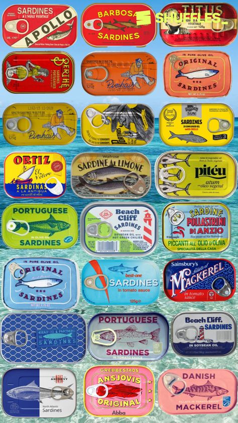 Collage of Sardine cans Upcycle Containers, Sardine Art, Art Collages, Fish Ocean, Desktop Wallpaper Art, Handmade Stamps, Vintage Packaging, Underwater Creatures, Tin Art