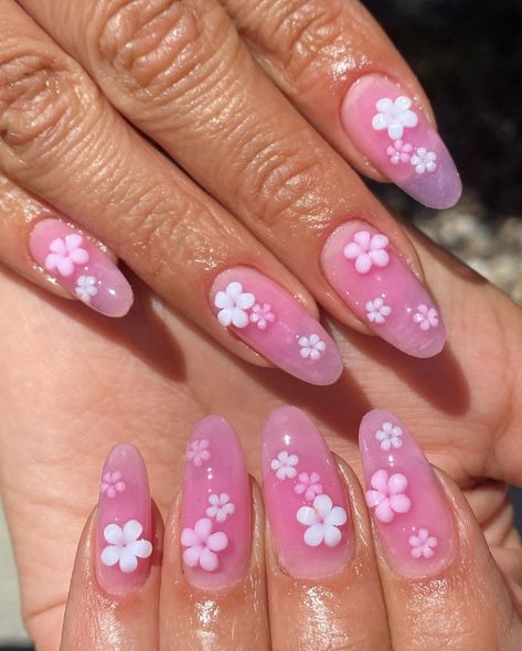 Pink Jelly Nails Acrylic Almond, Pink Almond Nails With Flowers, Flower Jelly Nails, Kawaii Nails Short, Short Jelly Nails, Pink Jelly Nails, Sakura Nail Art, Japan Nail, Cherry Blossom Nails