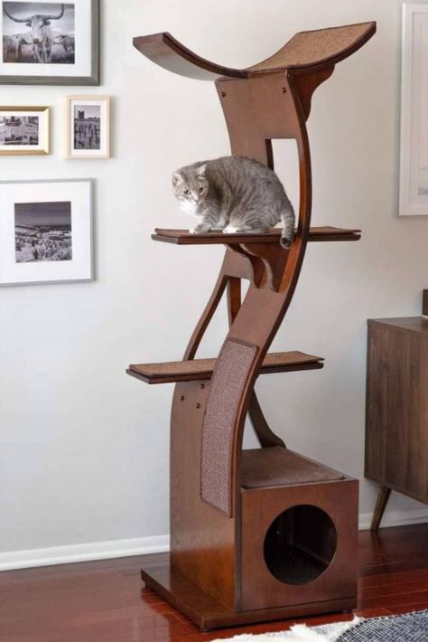 The Lotus Cat Tower combines comfort and design with its carpeted platforms and cushioned hide-a-way cubby. 🐈 Cat Tree Ideas, Modern Cat Tower, Luxury Cat Tree, Wooden Cat Tree, Mid Century Cat, Modern Cat Furniture, Modern Cat Tree, Cat Towers, Cat Tree Condo