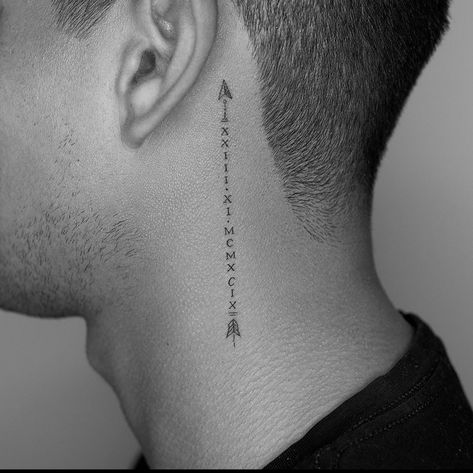 Simple Neck Tattoo Men, Chest Tattoo Writing, Amor Fati Tattoo, Simple Neck Tattoos, Back Tats, Roman Numeral Tattoos, Man Tattoo, Back Of Neck Tattoo, Family Tattoo