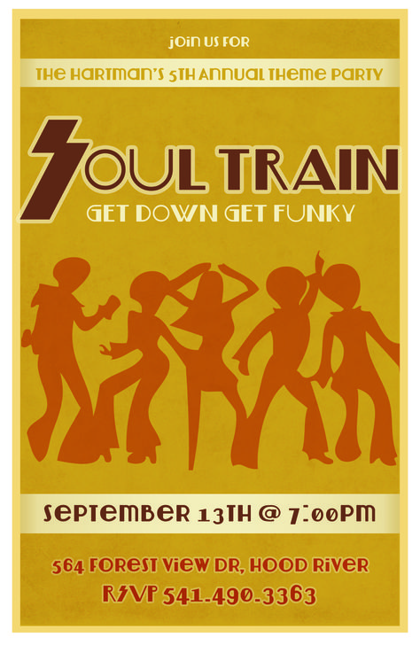 Soul Train party invitation - design by Moxy International 70s Soul Train Party Theme, Soul Train Candy Table, Soul Train Invitations, 70s Themed Invitation, 1970s Party Invitation, Soul Train Themed Party, 28th Birthday Ideas, Train Party Invitations, Motown Party