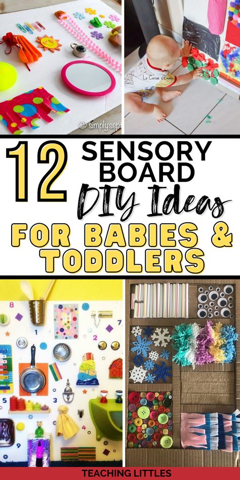 DIY Sensory board ideas to encourage your busy babies and toddlers to explore new textures, objects, and incorporate fine motor skills. Use common household objects or craft supplies from a local home improvement, craft, or dollar store for sensory play. Wipe Top Sensory Board, Diy Sensory Boards Dollar Tree, Sensory Boards For Babies, Sensory Board Ideas, Diy Sensory Toys, Baby Activity Board, Baby Sensory Board, Diy Busy Board, Diy Sensory Board