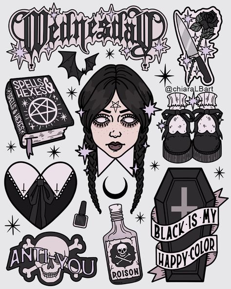 Wednesday Addams Tattoo Design, Wednesday Adams Drawings, Wednesday Tattoo Addams, Wednesday Tattoo Design, Wednesday Addams Nail Art, Wednesday Addams Tattoo Ideas, Wednesday Addams Drawing, Wednesday Tattoo, Wednesday Addams Art