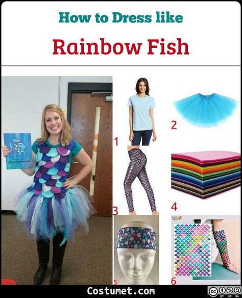 The Rainbow Fish costume is a myriad of colors but stick to blues, greens, and pinks. You can even wear temporary scale tattoos for an added effect.             #books #male #female #books #rainbow #fish The Rainbow Fish Costume, Fish Costume Kids, Diy Fish Costume, Rainbow Fish Costume, Scale Tattoos, Book Characters Dress Up, The Rainbow Fish, Book Character Day, Fish Costume