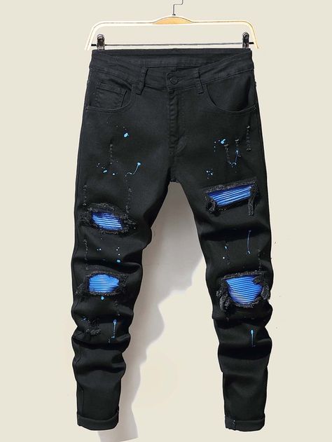 Black Collar Denim Graphic Skinny Embellished Slight Stretch Men Denim Ripped Jeans Men, Teen Boy Outfits, Jeans Cargo, Slim Denim, Jeans Casual, Pants Large, Jeans Online, Cargo Jeans, Boys Casual