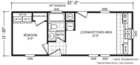 Micro 12 X 32 Single Wide One Bedroom Mobile Home, 12x32 Tiny House Floor Plans, Lofted Barn Cabin, Shed Floor Plans, Mobile Home Floor Plans, Shed House Plans, Single Wide Mobile Homes, Shed Floor, Shed Home