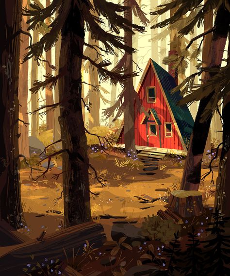 Check out this @Behance project: “A Cabin in the Woods” https://www.behance.net/gallery/49374435/A-Cabin-in-the-Woods Kim Smith, A Cabin In The Woods, 동화 삽화, Arte Peculiar, Dream Painting, A Cabin, Cabin In The Woods, Arte Inspo, Landscape Illustration