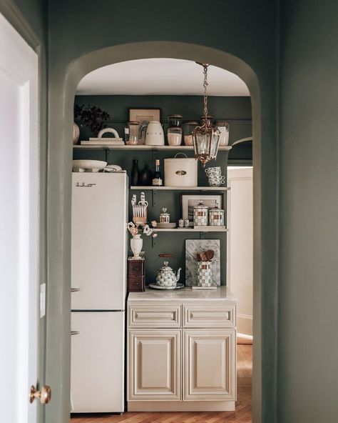 kitchen nyc, small kitchen, open shelving, vintage refrigerator, treron paint, new york city apartment European Kitchen Design, Pretty In The Pines, Vintage Refrigerator, Retro Refrigerator, Manhattan Apartment, City Lifestyle, The Pines, Nyc Apartment, Apartment Kitchen