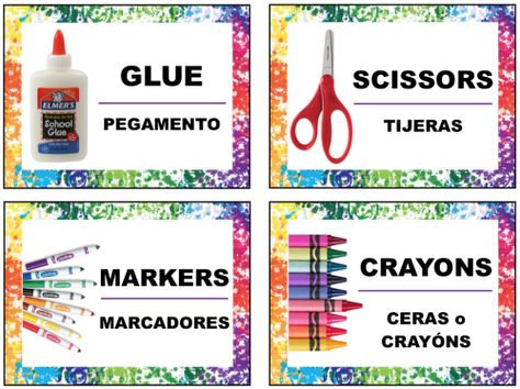 Free Supply Labels in English and Spanish for Art Supplies in the Art Room or Classroom. PDF download in post and Just for Teachers section! Spanish English Classroom Labels Free, Bilingual Classroom Labels, Art Supplies Labels, Classroom Labels Printables, Art Labels, Spanish Classroom Decor, Art Classroom Management, Art Rooms, Language Classroom