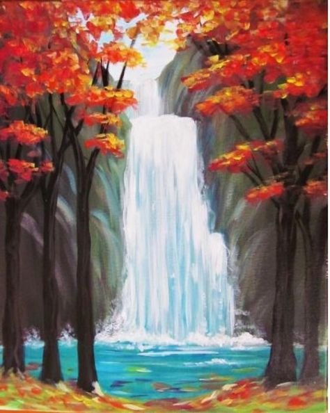 Easy Landscape Paintings, Fall Canvas Painting, Scenery Art, Waterfall Paintings, Canvas For Beginners, Fall Canvas, Paint Canvas, Nature Scenery, Easy Canvas Painting