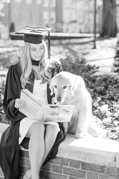 A smiling girl on a college campus wearing a graduation cap, gown, and masters hood sits outdoors on a brick wall and holds a textbook . her Golden Retriever sits next to her and is leaning over the textbook and looking at the camera. Nursing School Graduation Pictures, College Grad Pictures, High School Graduation Pictures, Nurse Pics, Grad Picture Ideas, Cap And Gown Pictures, Nursing Graduation Pictures, Masters Graduation, College Graduation Photoshoot