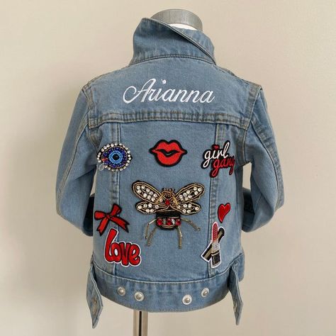 Personalised and Customised Children's Denim jacket with patches and name embroidery Denim Jacket With Patches, Jacket With Patches, Kids Denim Jacket, Denim Colour, Love Word, Denim Jacket Patches, Name Embroidery, Kids Denim, Girl Gang