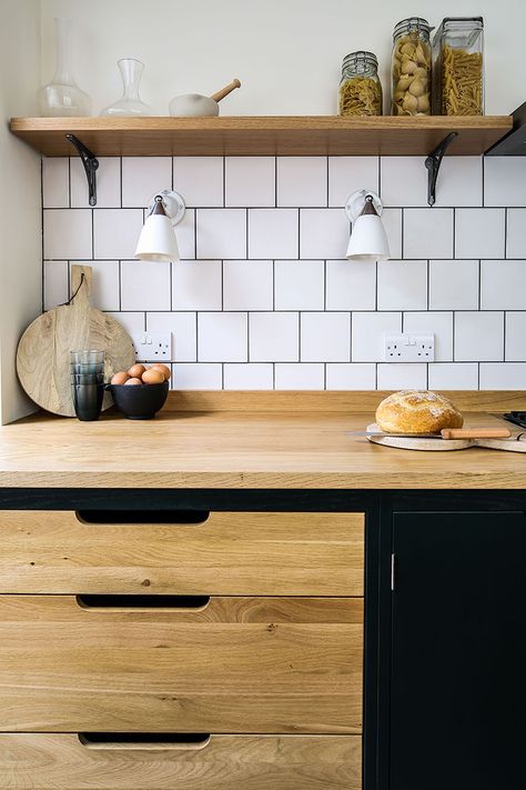 This Kitchen Is Green In More Than Just Cabinet Color Industrial Shelves, Kitchen Industrial, Plywood Kitchen, Industrial Kitchen Design, Kitchen Tiles Design, Cabinets Ideas, Oak Kitchen Cabinets, Sustainable Kitchen, Galley Kitchen