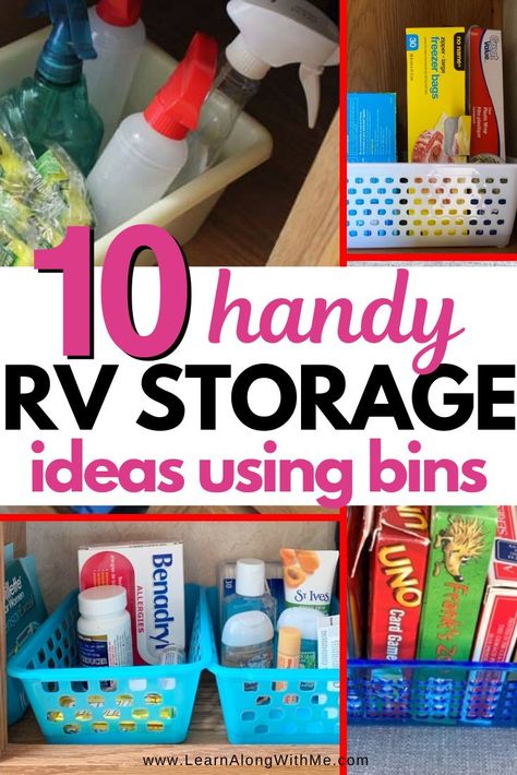 Check out these clever RV storage ideas using simple plastic bins and baskets. There is a lot of organizing you can do with bins.  #rvstorageideas  #rvorganization #camperstorageideas  #camperorganization  #traveltrailerstorage   #traveltrailerorganization Rv Storage Ideas, Rv Living Organization, Travel Trailer Organization, Cheap Rv, Trailer Storage, Camper Organization, Rv Camping Tips, Rv Organization, Travel Trailer Camping