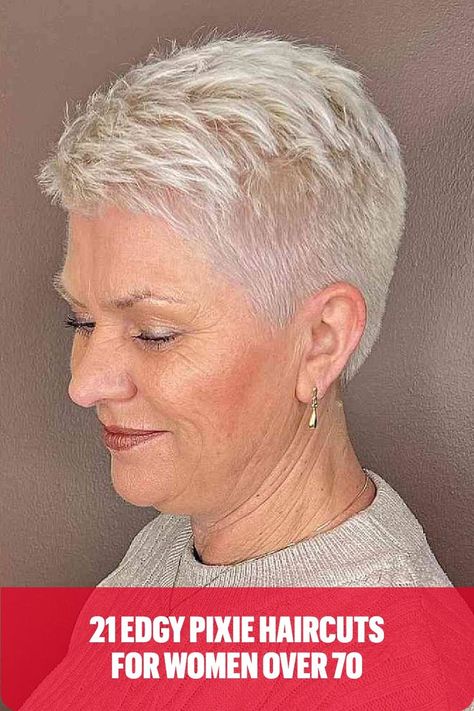 Platinum White Pixie for Women 70 and Over Haircuts For Women Over 70, Pixie Haircuts For Women, Short Spiky Haircuts, Super Short Haircuts, Short Spiked Hair, Short White Hair, Short Sassy Haircuts, Edgy Pixie Haircuts, Short Spiky Hairstyles