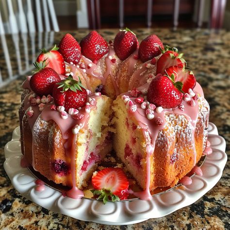 Strawberry Bliss Pound Cake Fresh Strawberry Pound Cake Recipe, Strawberry Bliss Cake, Strawberry Bliss Pound Cake, Strawberry Bundt Cake Recipes, Strawberry Earthquake Cake, Strawberry Pound Cake Recipes, Pound Cake Recipes Moist, Strawberry Cream Cheese Pound Cake, Banana Pound Cake