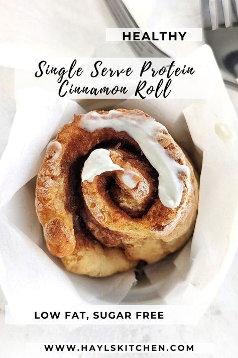 A fluffy, gooey Single Serve Protein Cinnamon Roll with protein powder in the dough and filling for a low calorie and sugar free recipe! Protein cinnamon roll for one is easily Vegan and great as a mug cake too. Low Calorie Single Serve Cinnamon Roll, Healthy Single Serve Cinnamon Roll, Recipes With Vanilla Protein Powder, Low Calorie Cinnamon Rolls, Cinnamon Roll For One, Vanilla Protein Powder Recipes, Desserts Low Calorie, Protein Cinnamon Rolls, Baking With Protein Powder