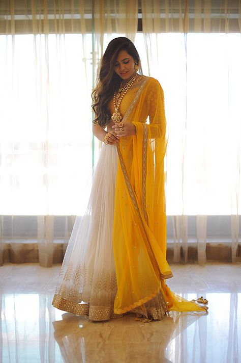 Summer weddings are here and that means, lots and lots of inspiration zooming into our Insta and Snapchat timelines waiting to be filtered, copied and styled. And it's even better when that inspiration comes from one of our favourite bloggers,... White Lehenga, Yellow Lehenga, Indian Wedding Outfit, Red Lehenga, Ghagra Choli, Indian Couture, White Outfit, Indian Wedding Outfits, Indian Designer Outfits