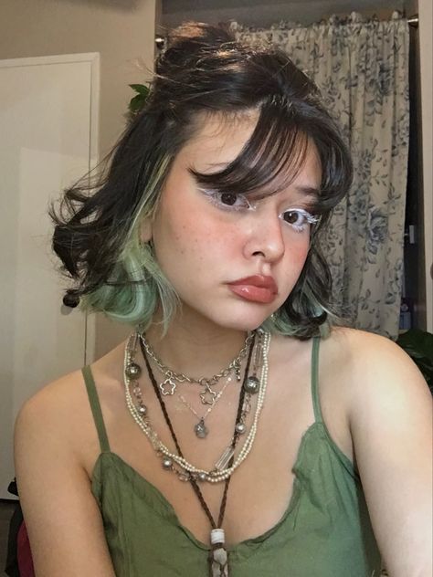 Black Hair W Green Highlights, Dark Green Brown Hair, Green Hair Money Piece, Sage Green Hair Highlights, Light Brown And Green Hair, Blond And Green Hair, Like Green Hair, Brown Hair Green Highlights, Green Underdye Hair