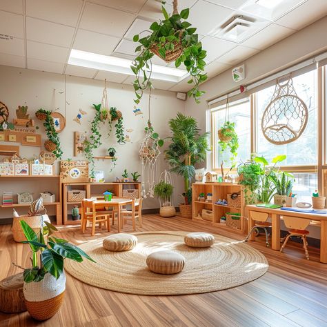 This furniture creates that environment that becomes a third teacher. #roomlayout #receptionclassroom #nurseryclassroom #reggio Nature Daycare Rooms, Preschool Seating Ideas, Outside Classroom Ideas, Nurture Room Displays, Preschool Classroom Decor Nature, Preschool Nature Classroom, Nature In Classroom, Reggio Emilia Playroom, Hygge Classroom Ideas