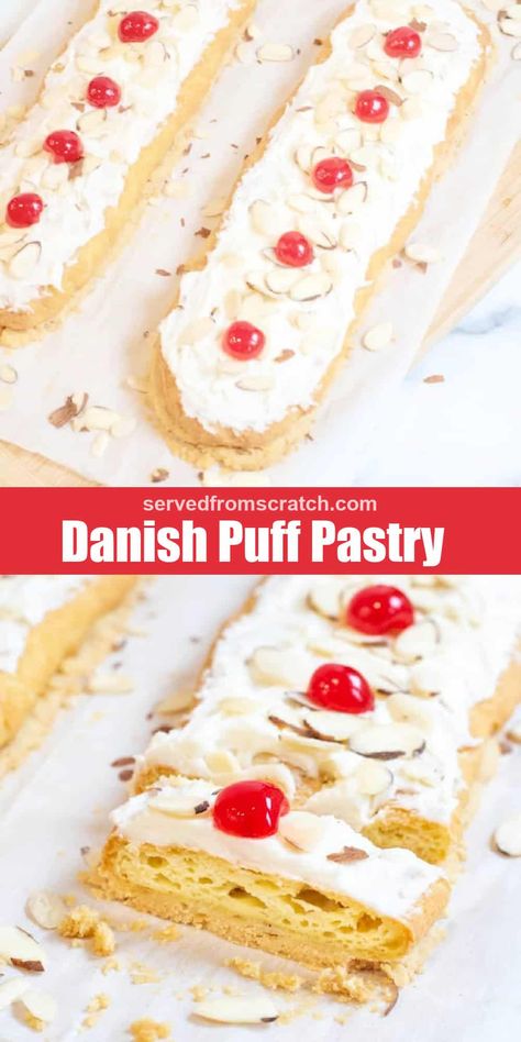 This Danish Puff Pastry is a cherished family recipe that my husband has been perfecting for decades!  Made with an easy shortcrust, airy choux, and topped with a sweet thick frosting, almonds, and cherries, this puff pastry recipe is an instant hit wherever we bring it! Danish Puff, Danish Recipes, Mouthwatering Desserts, Puff Pastry Recipe, Danish Recipe, Quick Cake, How To Make Frosting, Pastry Recipe, Sweet Dips