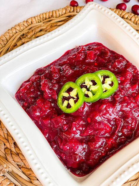 Sweet & Spicy Jalapeno Cranberry Sauce - Charlotte Shares Healthy Food Recipes Easy, Butternut Squash Bacon, Easy Healthy Food, Track Food, Cranberry Jalapeño, Cranberry Salsa, Food Recipes Easy, Dairy Free Cream Cheese, Cranberry Sauce Homemade