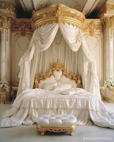 Royal Bedroom Design Ideas, Canopy Bed Princess, Yellow Royal Bedroom, French Castle Bedroom, Royal Canopy Bed, Royal Bed Frame, Royal Chambers Bedrooms, Royal Vintage Bedroom, Old Money Room Inspo Bedroom