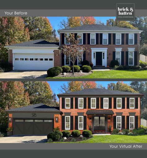 Black Shutters On Red Brick House, Red Brick House With Awnings, Modern Red Brick House Exterior Ideas, Red Brick Colonial House Exterior Makeover, Red Brick House Exterior White Windows, Red Brick House With Dark Trim, Red Brick House Exterior Colors Schemes Colonial, Red Brick Exterior With Black Windows, Exterior Shutter Colors On Brick