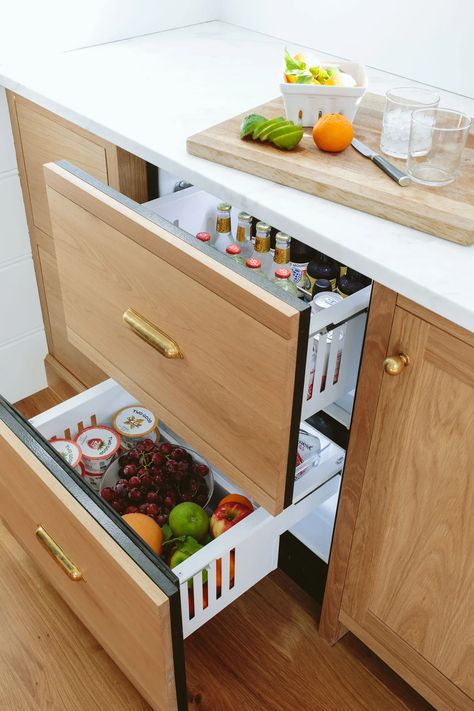 Cabinet Organization Ideas, Kitchen Cabinet Organization Ideas, Emily Henderson Design, Kitchen Cabinet Color Ideas, Devol Kitchens, Green Kitchen Cabinets, Refrigerator Drawers, Glass Front Cabinets, Kitchen Counter Decor