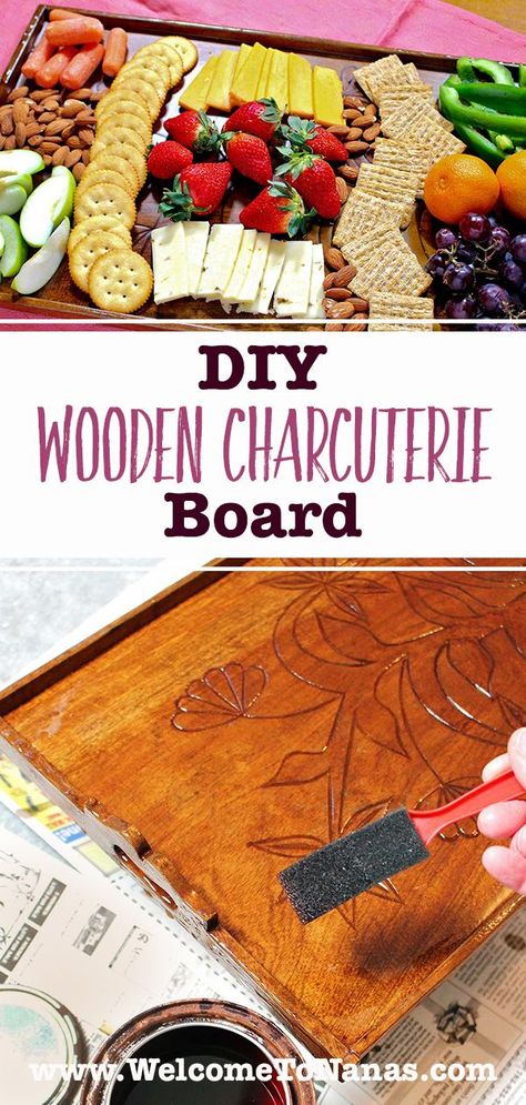 Cheese Board Diy, Wooden Charcuterie Board, Charcuterie Board Diy, Diy Playbook, Wooden Food, Woodburning Projects, Garden Crafts Diy, Food Out, Wooden Projects