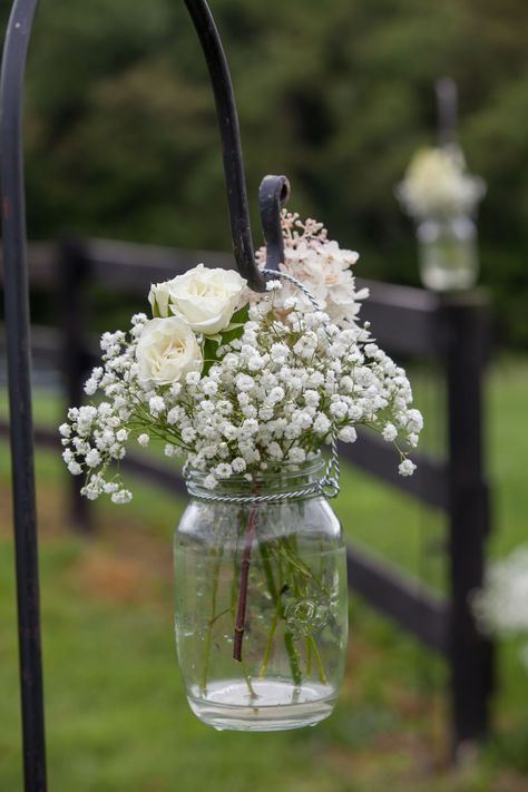 Rose And Baby Breath Centerpiece, Hanging Mason Jars Wedding, Baby Breath Centerpiece, Baby's Breath Centerpiece, Water Centerpieces, Wine Glass Centerpieces, Green Mason Jars, Mason Jar Fairy Lights, Rustic Flower Arrangements