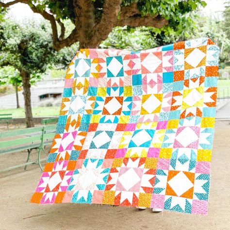 A quilter once told me that bright fabrics are only for kids. But the more I dive into quilting, the more I become interested in colorful quilts. I think they belong to kids of all ages! @sarahb_sews' recent make of @penelopehandmade 's #AgnesQuilt pattern is truly an eye candy! If you are a lover of all bright colors, you would enjoy making this one! - Limited numbered Agnes Quilt kits are available now! - This Agnes quilt features the whimsical prints from @kmelkight's Picture book and @al... Solid Quilt, Bright Fabrics, Colorful Quilts, Quilt Kit, Quilt Kits, Quilt Top, Quilt Inspiration, Quilt Pattern, Picture Book