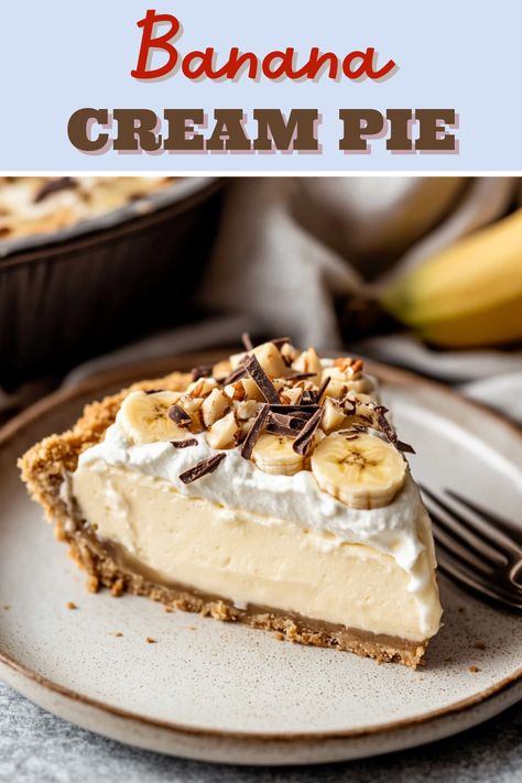 This rich and creamy banana cream pie features homemade banana-infused pudding and a billowy layer of sweet whipped cream. It's almost too good to share! Oreo Banana Cream Pie, Banana Bread Pie, Best Banana Pie Recipe, Banana Creme Pie Recipe, Banana Cream Pie Recipe Easy, Jello Banana Cream Pie Recipe, Cream Pie Filling Recipes, Banana Pie Recipe Easy, Easy Thanksgiving Pies Recipes