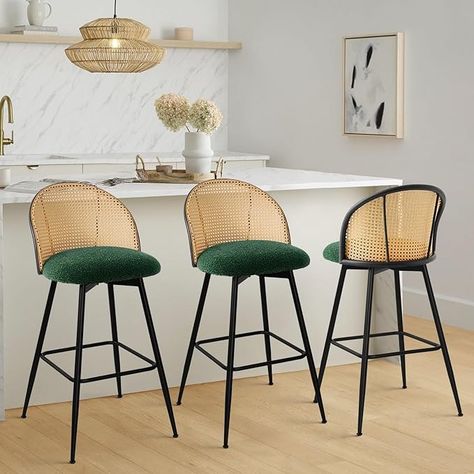 Amazon.com - Bekrvio Swivel Counter Height Bar Stools Set of 3, Mid Century Modern 26" Bar Chairs with Rattan Back & Metal Legs, Upholstered Faux Leather Barstools Island Stools for Kitchen Counter Home Bar,Black - Chairs Mid Century Modern Bar, Island Stools, Rattan Bar Stools, Stools For Kitchen Island, Home Bar Furniture, Simple Interior, Modern Stools, Bar Height Stools, Counter Height Bar