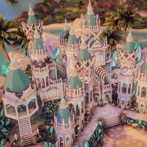 🧜🌴 Sulani Mermaid Temple 🌴🧜‍♀️ The holy Mermaid Temple is surrounded by white rocks and large palm trees. All around, the mermaids splash around in the water, enjoy the sun, lie in the warm sand and enchant listeners with their lovely singing. In this sacred place all mermaids meet, their iridescent scales glitter in the sun and their breathtaking sight beguiles mortals. But be warned, this place is only for magical creatures, anyone who went to the temple never came back... This build is i... Bloxburg Mermaid House, Sims 4 Mermaid Castle, Sims 4 Mermaid House, Mermaid Village, Fantasy Mansion, Bloxburg Wallpaper, Mermaid Palace, Book Locations, Mermaid Castle