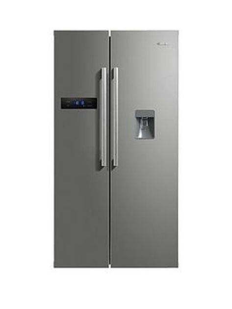 Silver double door fridge freezer, with water tap and temperature display. Double Fridge, Double Door Fridge, American Fridge Freezer, Glass Fridge, American Fridge, Door Fridge, Double Door Refrigerator, Fridge Shelves, American Fridge Freezers